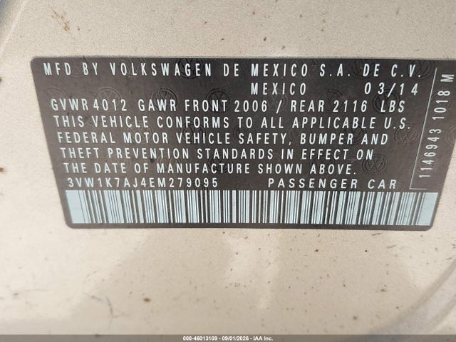 2014 Volkswagen Jetta 2.0l S მანქანა იყიდება აუქციონზე, vin: 3VW1K7AJ4EM279095, აუქციონის ნომერი: 46013109