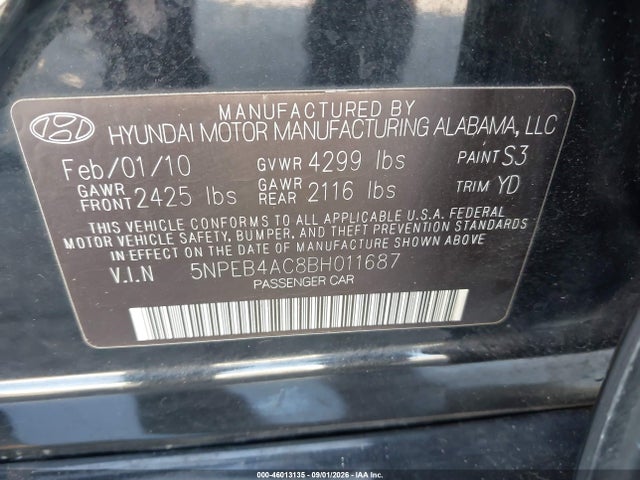 46013135 :رقم المزاد ، 5NPEB4AC8BH011687 vin ، 2011 Hyundai Sonata Gls مزاد بيع