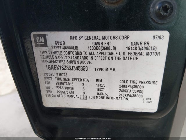 Продаж на аукціоні авто 2003 Chevrolet Tahoe Lt, vin: 1GNEK13Z83J345850, номер лоту: 46013138