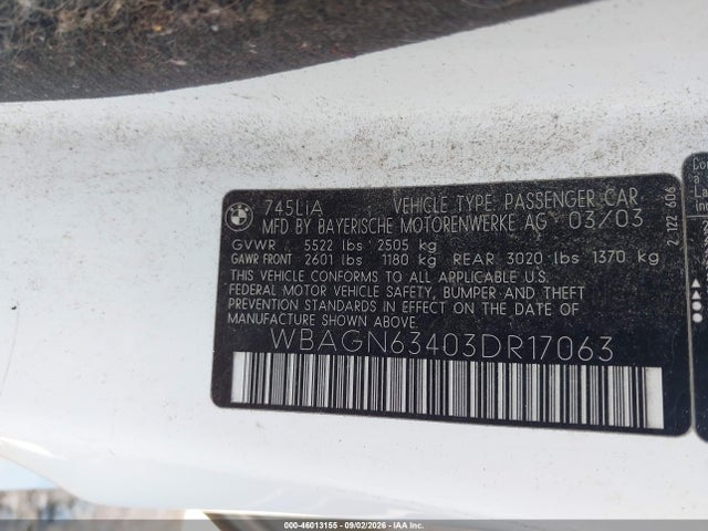 46013155 :رقم المزاد ، WBAGN63403DR17063 vin ، 2003 Bmw 745li مزاد بيع