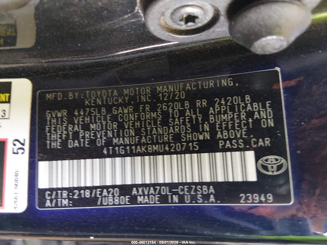 2021 Toyota Camry Se მანქანა იყიდება აუქციონზე, vin: 4T1G11AK8MU420715, აუქციონის ნომერი: 46013154