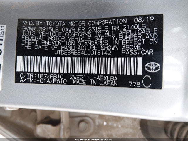 2020 Toyota Corolla Hybrid Le მანქანა იყიდება აუქციონზე, vin: JTDEBRBE4LJ018142, აუქციონის ნომერი: 46013170