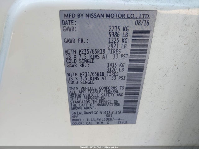 Aukcja sprzedaży 2016 Infiniti Qx60, vin: 5N1AL0MN5GC530339, numer aukcji: 46013173