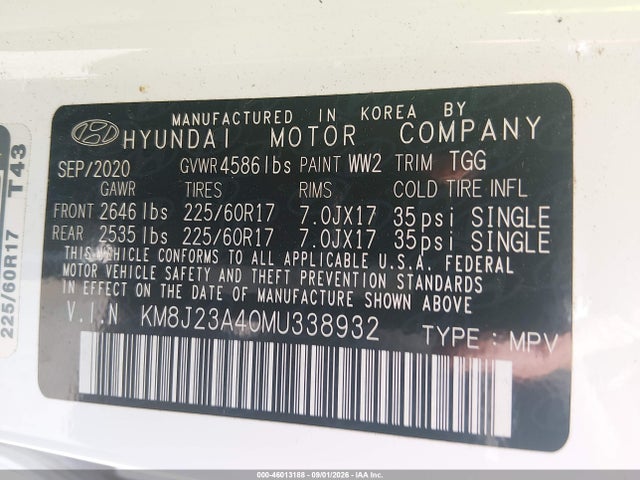 Продаж на аукціоні авто 2021 Hyundai Tucson Se, vin: KM8J23A40MU338932, номер лоту: 46013188