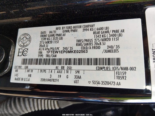 2021 Ford F-150 Lariat მანქანა იყიდება აუქციონზე, vin: 1FTEW1EP0MKE02563, აუქციონის ნომერი: 46013190