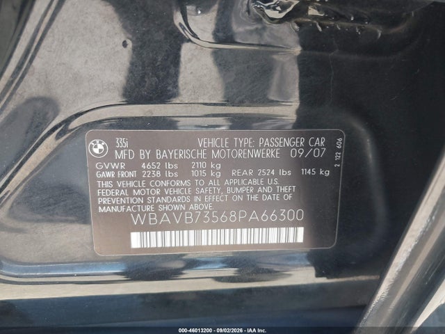 Продаж на аукціоні авто 2008 Bmw 335i, vin: WBAVB73568PA66300, номер лоту: 46013200