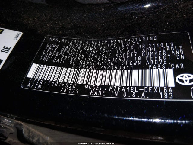 Aukcja sprzedaży 2024 Toyota Corolla Le, vin: 5YFB4MDE3RP183911, numer aukcji: 46013211