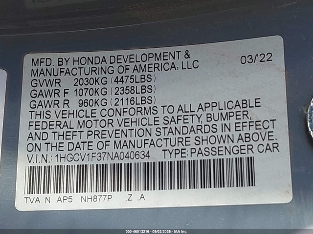 Продаж на аукціоні авто 2022 Honda Accord Sport, vin: 1HGCV1F37NA040634, номер лоту: 46013216