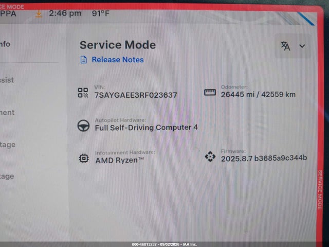 46013237 :رقم المزاد ، 7SAYGAEE3RF023637 vin ، 2024 Tesla Model Y Long Range Dual Motor All-wheel Drive مزاد بيع