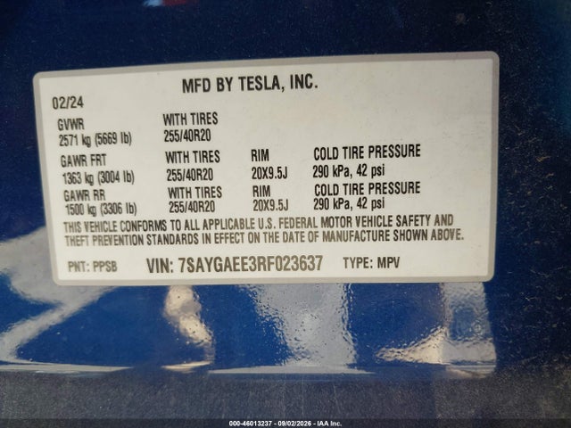 46013237 :رقم المزاد ، 7SAYGAEE3RF023637 vin ، 2024 Tesla Model Y Long Range Dual Motor All-wheel Drive مزاد بيع