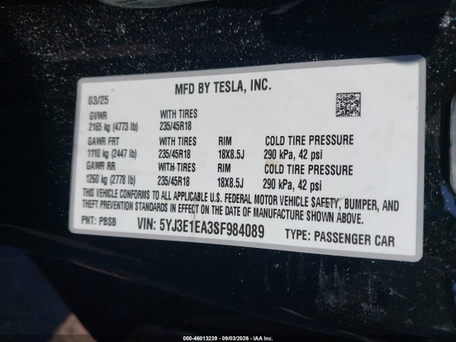 Продажа на аукционе авто 2025 Tesla Model 3 Long Range Rear-wheel Drive/standard Rear-wheel Drive, vin: 5YJ3E1EA3SF984089, номер лота: 46013239
