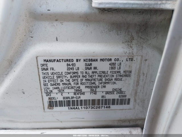 2003 Nissan Altima 2.5 S მანქანა იყიდება აუქციონზე, vin: 1N4AL11D73C267146, აუქციონის ნომერი: 46013256