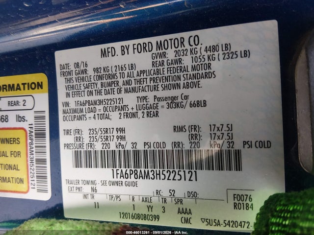 2017 Ford Mustang V6 მანქანა იყიდება აუქციონზე, vin: 1FA6P8AM3H5225121, აუქციონის ნომერი: 46013261