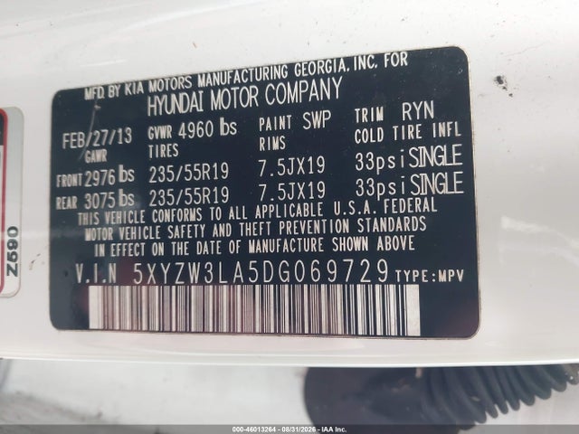 46013264 :رقم المزاد ، 5XYZW3LA5DG069729 vin ، 2013 Hyundai Santa Fe Sport 2.0t مزاد بيع