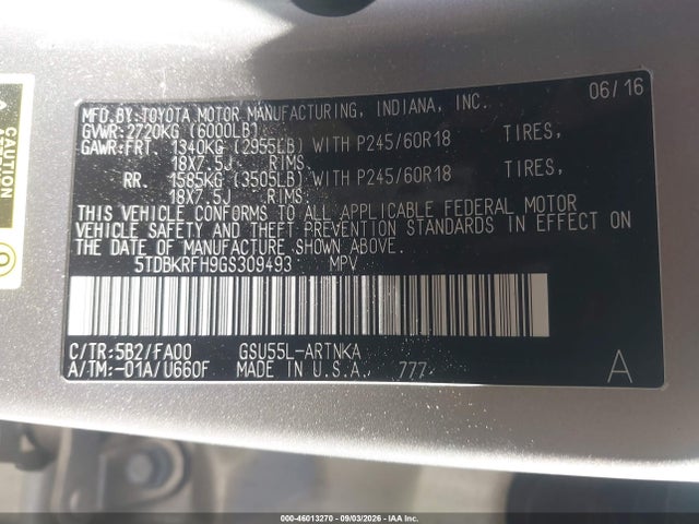 5TDBKRFH9GS309493 Toyota Highlander Le Plus V6