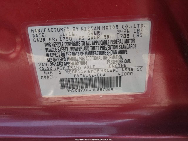 46013278 :رقم المزاد ، 3N1CN7AP6HL827084 vin ، 2017 Nissan Versa 1.6 S+ مزاد بيع