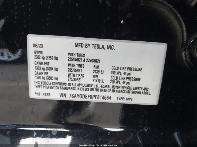 46013299 :رقم المزاد ، 7SAYGDEF0PF814554 vin ، 2023 Tesla Model Y Performance Dual Motor All-wheel Drive مزاد بيع