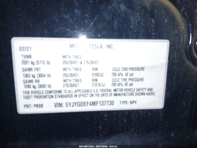 2021 Tesla Model Y Performance Dual Motor All-wheel Drive მანქანა იყიდება აუქციონზე, vin: 5YJYGDEF4MF137730, აუქციონის ნომერი: 46013302