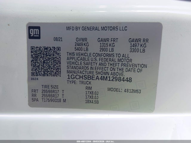 Aukcja sprzedaży 2021 Chevrolet Colorado 2wd  Long Box Wt, vin: 1GCHSBEA4M1298448, numer aukcji: 46013304