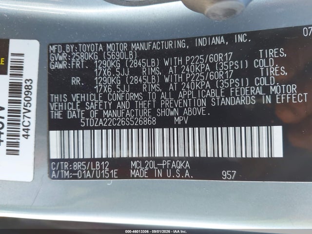 Aukcja sprzedaży 2006 Toyota Sienna Xle Limited, vin: 5TDZA22C26S526868, numer aukcji: 46013306