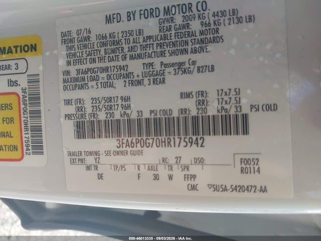 46013335 :رقم المزاد ، 3FA6P0G70HR175942 vin ، 2017 Ford Fusion S مزاد بيع