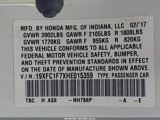 2017 Honda Civic Ex-l მანქანა იყიდება აუქციონზე, vin: 19XFC1F7XHE015359, აუქციონის ნომერი: 46013389