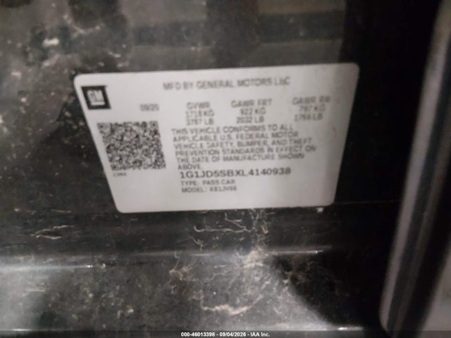 46013398 :رقم المزاد ، 1G1JD5SBXL4140938 vin ، 2020 Chevrolet Sonic Fwd  Lt مزاد بيع