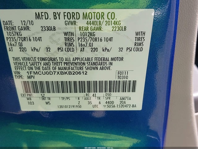 Продажа на аукционе авто 2011 Ford Escape Xlt, vin: 1FMCU0D7XBKB20612, номер лота: 46013409