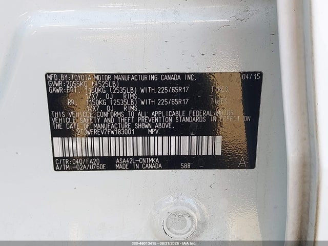 Продажа на аукционе авто 2015 Toyota Rav4 Xle, vin: 2T3WFREV7FW183001, номер лота: 46013415