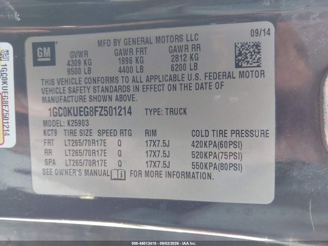 46013418 :رقم المزاد ، 1GC0KUEG8FZ501214 vin ، 2015 Chevrolet Silverado 2500hd Built After Aug 14 Work Truck مزاد بيع