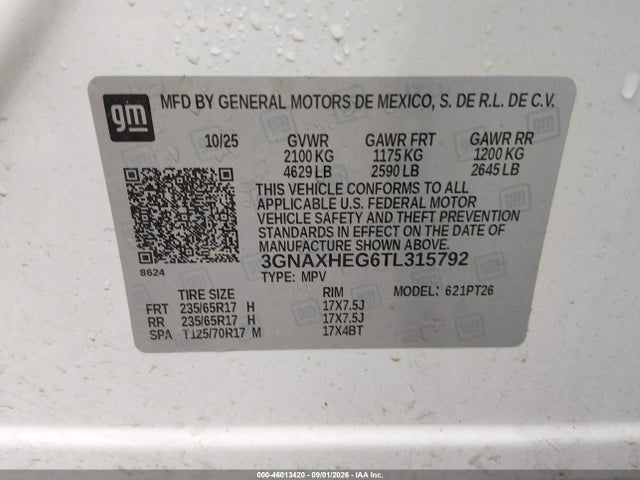 46013420 :رقم المزاد ، 3GNAXHEG6TL315792 vin ، 2026 Chevrolet Equinox Fwd Lt مزاد بيع