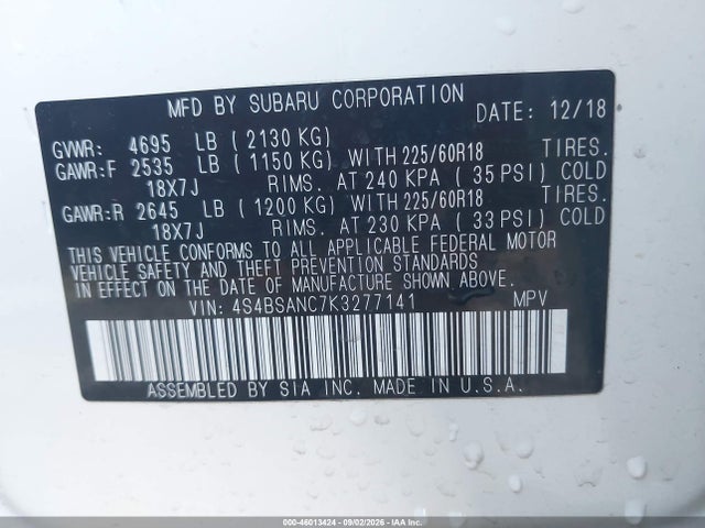 46013424 :رقم المزاد ، 4S4BSANC7K3277141 vin ، 2019 Subaru Outback 2.5i Limited مزاد بيع