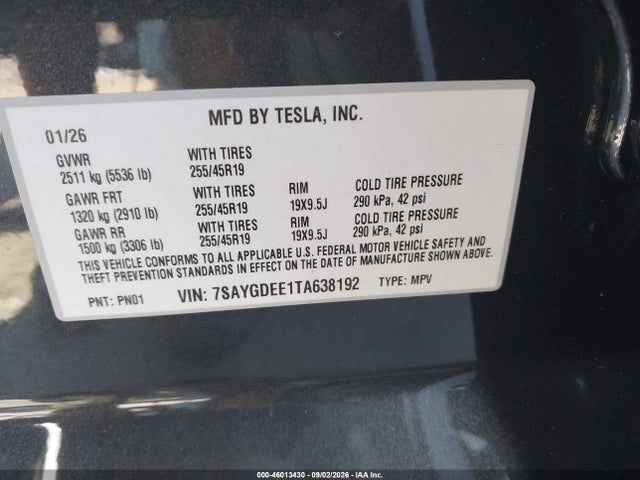 46013430 :رقم المزاد ، 7SAYGDEE1TA638192 vin ، 2026 Tesla Model Y مزاد بيع