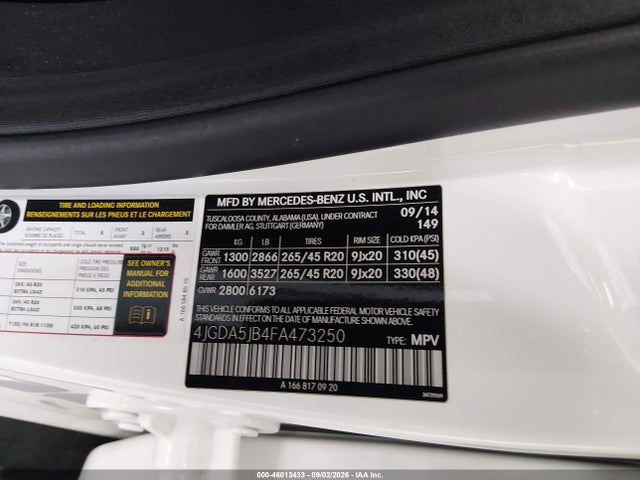 Aukcja sprzedaży 2015 Mercedes-benz Ml 350, vin: 4JGDA5JB4FA473250, numer aukcji: 46013433