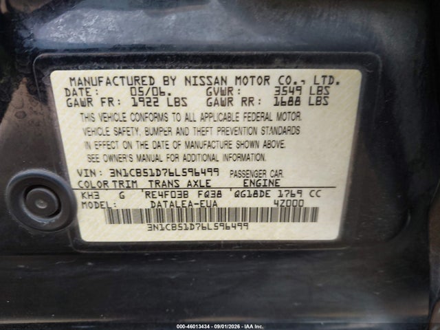 2006 Nissan Sentra 1.8s მანქანა იყიდება აუქციონზე, vin: 3N1CB51D76L596499, აუქციონის ნომერი: 46013434