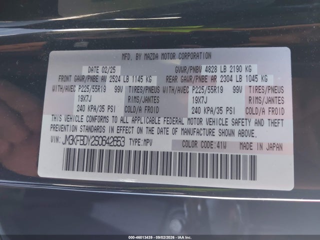 46013439 :رقم المزاد ، JM3KFBDY2S0642653 vin ، 2025 Mazda Cx-5 2.5 Turbo Premium مزاد بيع
