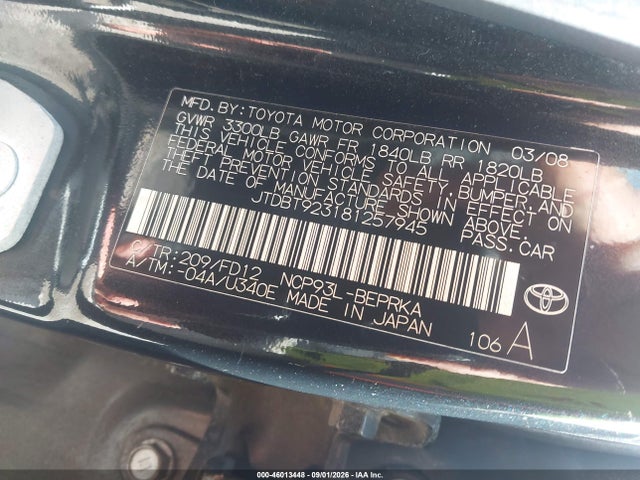 46013448 :رقم المزاد ، JTDBT923181257945 vin ، 2008 Toyota Yaris مزاد بيع