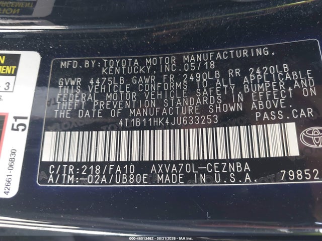 4T1B11HK4JU633253 Toyota CAMRY LE