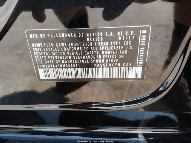 2017 Volkswagen Jetta 1.4t S მანქანა იყიდება აუქციონზე, vin: 3VW2B7AJ3HM308661, აუქციონის ნომერი: 46013475