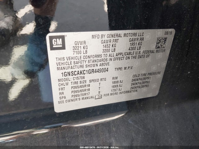 46013476 :رقم المزاد ، 1GNSCAKC1GR449004 vin ، 2016 Chevrolet Tahoe Ls مزاد بيع