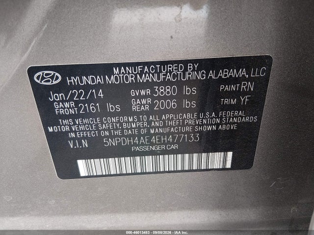 Hyundai Elantra Limited 2014 5NPDH4AE4EH477133 Image 9