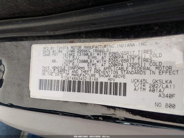 46013488 :رقم المزاد ، 5TDBT48A34S218148 vin ، 2004 Toyota Sequoia Limited V8 مزاد بيع