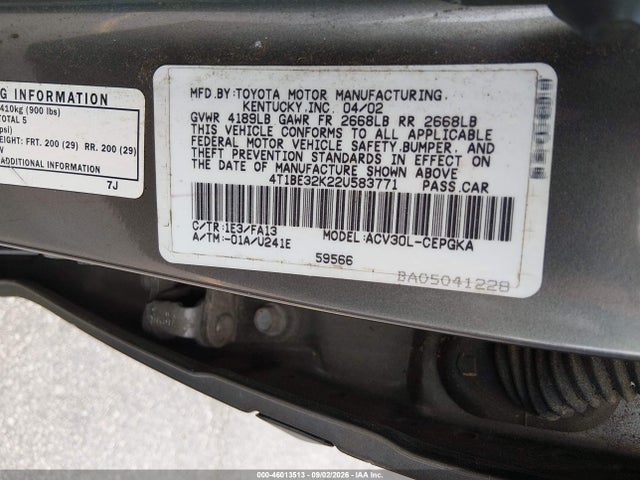 Aukcja sprzedaży 2002 Toyota Camry Xle, vin: 4T1BE32K22U583771, numer aukcji: 46013513