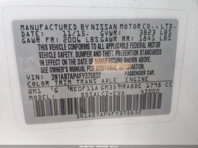 2015 Nissan Sentra S მანქანა იყიდება აუქციონზე, vin: 3N1AB7AP4FY375832, აუქციონის ნომერი: 46013521