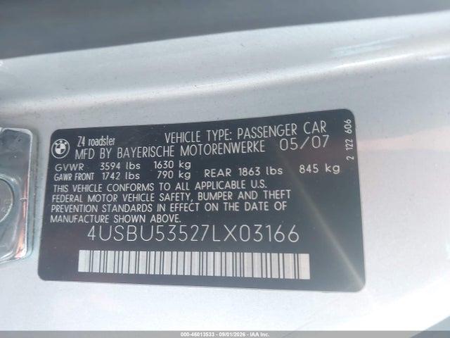46013533 :رقم المزاد ، 4USBU53527LX03166 vin ، 2007 Bmw Z4 3.0si مزاد بيع
