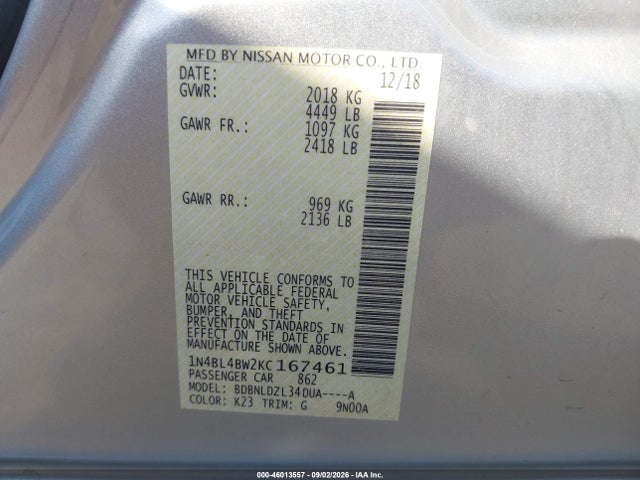 Aukcja sprzedaży 2019 Nissan Altima 2.5 S, vin: 1N4BL4BW2KC167461, numer aukcji: 46013557