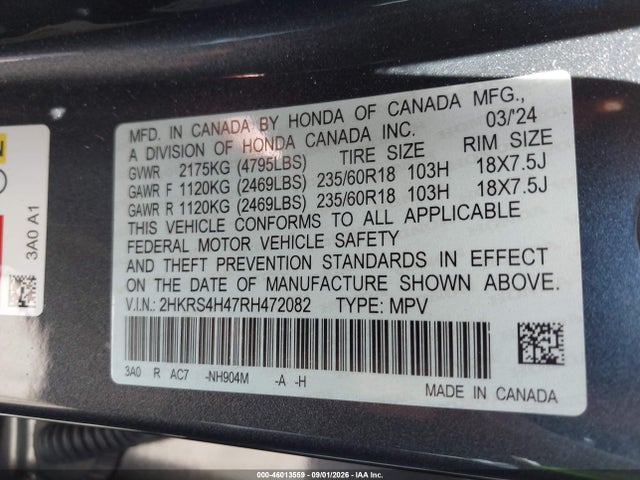Продажа на аукционе авто 2024 Honda Cr-v Ex Awd, vin: 2HKRS4H47RH472082, номер лота: 46013559