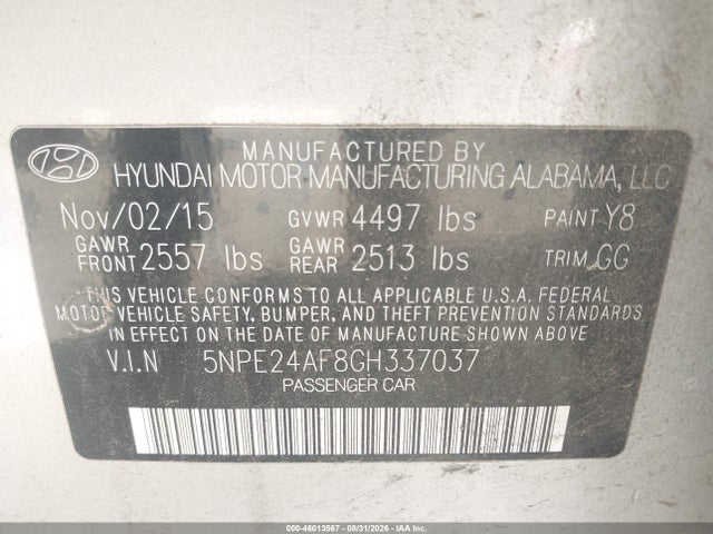 Продажа на аукционе авто 2016 Hyundai Sonata Se, vin: 5NPE24AF8GH337037, номер лота: 46013567