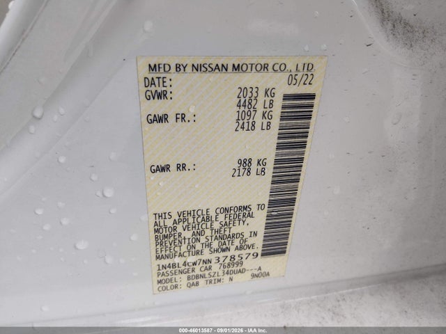 Продажа на аукционе авто 2022 Nissan Altima Sr Intelligent Awd, vin: 1N4BL4CW7NN378579, номер лота: 46013587