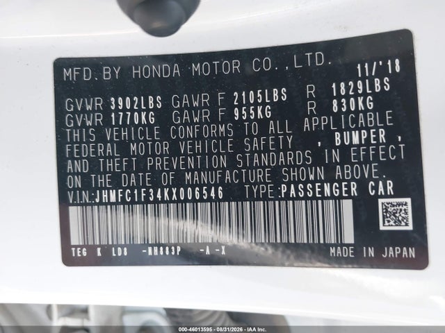 Honda CIVIC EX 2019 JHMFC1F34KX006546 Image 9